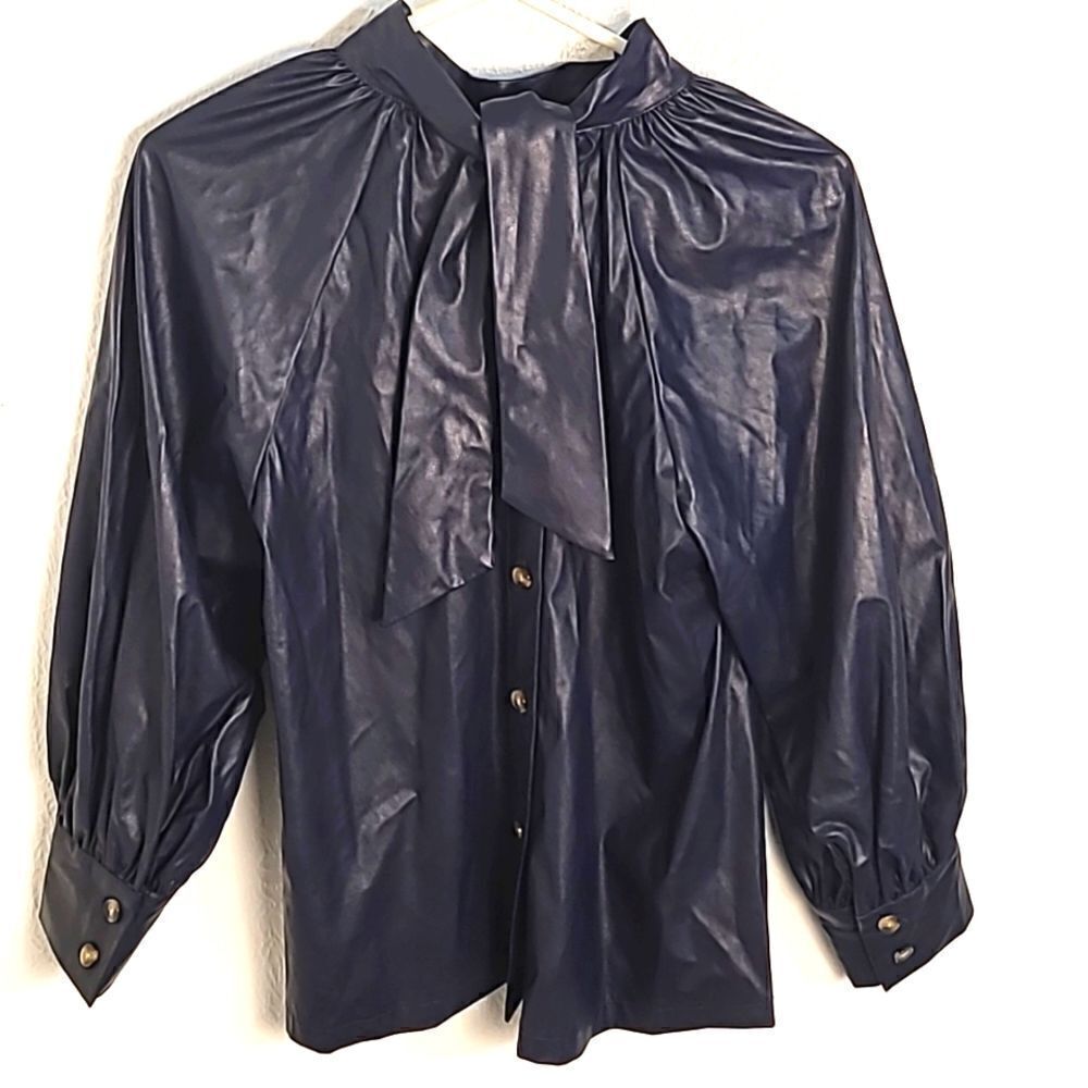 Rachel Comey Faux Leather Navy Blue Top, Buttondown in Back w/Tie, Sz Medium,NWT - Picture 8 of 13
